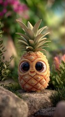 Cute and whimsical cartoon-style pineapple with large eyes in a vibrant nature setting