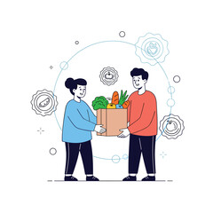 Two people carrying a box filled with fresh groceries and healthy food items