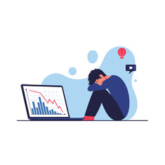 Disappointed individual facing financial downturn depicted on a laptop screen with a downward trending graph illustration