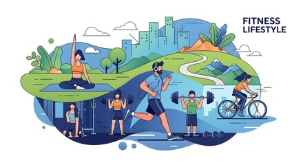 Illustration of diverse fitness activities showcasing a healthy and active lifestyle with people running, cycling, doing yoga, and weightlifting in a combined urban and park setting