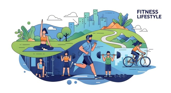 Illustration of diverse fitness activities showcasing a healthy and active lifestyle with people running, cycling, doing yoga, and weightlifting in a combined urban and park setting