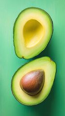 Fresh avocado on wooden surface, organic healthy fruit cut in half with seed exposed