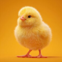 Obraz premium A fluffy yellow chick stands upright against a bright orange backdrop, looking curiously to the side with its big eyes. Its soft feathers shine in the light.