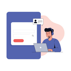 Customer service representative wearing headset working on laptop next to digital interface with chat bubble notification