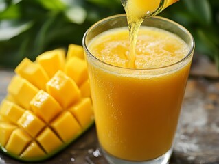 Close-up of mango juice being poured into a glass, with mango slices beside it