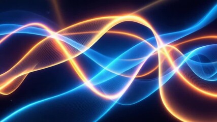 Dynamic energy waves of vibrant blue and orange light swirl and intertwine, creating an abstract digital art motion background perfect for tech and science themes. - Powered by Adobe