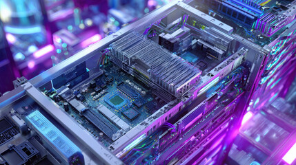 open server chassis exposing motherboard technician gloves absent focus on hardware cool blue lighting illustration concept scene visual for commercial design use high detail quality stock image