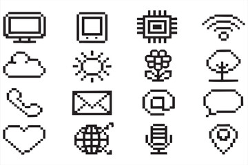 Pixel Art Icons Collection for Technology Nature and Digital Communication