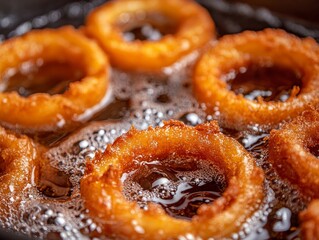 Close-up of onion rings frying in hot oil, turning golden and crispy