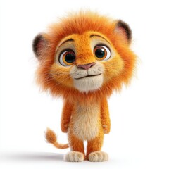 Obraz premium A cute cartoon lion character stands upright, showcasing its fluffy orange mane and large, bright eyes. The character exudes charm and friendliness, inviting a sense of joy.