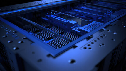 open server chassis exposing motherboard technician gloves absent focus on hardware cool blue lighting illustration concept scene visual for commercial design use high detail quality stock image