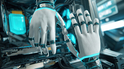 open server chassis exposing motherboard technician gloves absent focus on hardware cool blue lighting illustration concept scene visual for commercial design use high detail quality stock image