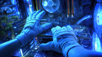 open server chassis exposing motherboard technician gloves absent focus on hardware cool blue lighting illustration concept scene visual for commercial design use high detail quality stock image