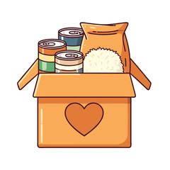 Food pantry vector illustration with open box full of canned goods and rice