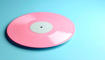 Pink Vinyl Record on Light Blue Background, Minimalist Music Concept