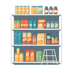 food pantry vector illustration with grocery items on shelves and stool