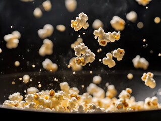 Close-up of popcorn kernels popping in a pan, mid-air explosion captured