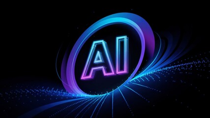 Glowing Neon 'AI' Logo Encircled by a Futuristic Ring With a Swirling Wave of Blue Data Particles on a Black Background: Information and the Power of AI, PowerPoint Background
