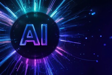 Glowing 'AI' Text With a Wireframe Texture at the Center of a Futuristic Data Explosion With Blue and Purple Light Trails: Big Data Processing, PowerPoint Background