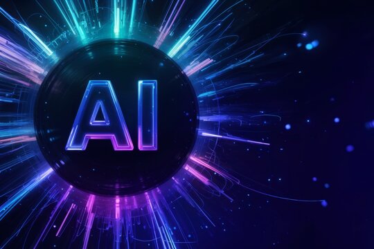 Glowing 'AI' Text With a Wireframe Texture at the Center of a Futuristic Data Explosion With Blue and Purple Light Trails: Big Data Processing, PowerPoint Background - Powered by Adobe