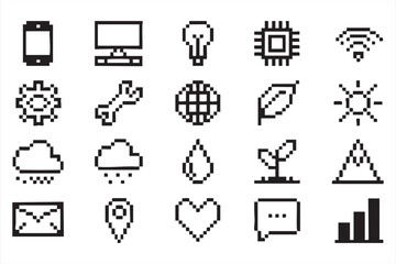 Retro 8-Bit Pixel Icon Pack Featuring WiFi Cloud Leaf and Light Bulb Signs