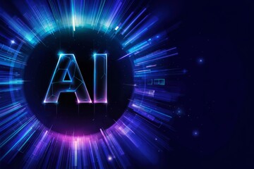 Glowing 'AI' Text With a Wireframe Texture at the Center of a Futuristic Data Explosion With Blue and Purple Light Trails: Big Data Processing, PowerPoint Background