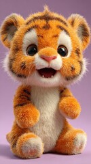 Adorable plush tiger toy with bright orange fur and big eyes in a cheerful pose against a purple background