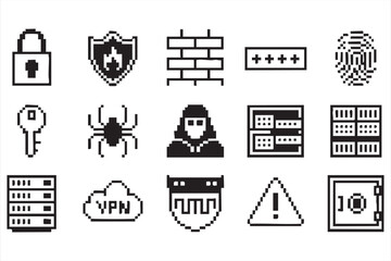 Pixel Outline Icon Pack Featuring Hacker Firewall and Fingerprint Security Signs
