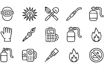 Fototapeta premium Torch Helmet and Welding Safety Symbols in Flat Minimal Outline Style