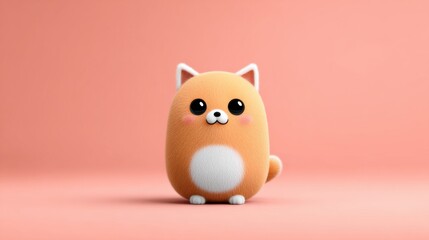 An adorable, round-shaped dog character with soft fur and large, shiny eyes stands against a pink backdrop, exuding a playful charm and cuteness.