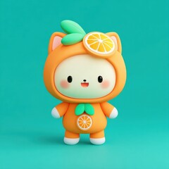 A charming orange character dressed in an adorable outfit with a lemon slice hat and green leaves, set against a bright teal background, radiates joy and fun.