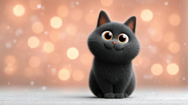 A fluffy black cat with big expressive eyes is sitting attentively on a smooth surface. Soft bokeh lights create a warm winter atmosphere around it.
