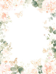 Obraz premium Delicate floral vintage painted frame with copy space, with flowers - peonies, poppies and eucalyptus branches