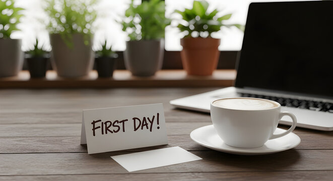 New beginnings fresh start first day at work office desk workspace laptop coffee plants motivation inspiration success goals dreams job career opportunity
