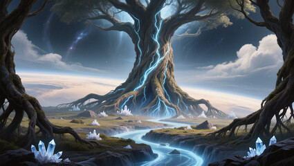 Majestic ancient tree with glowing roots in a fantastical landscape