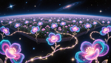 Colorful flowers bloom in a cosmic garden under starlight