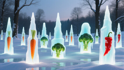 Frosty garden filled with glowing vegetables and ice sculptures