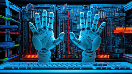 open server chassis exposing motherboard technician gloves absent focus on hardware cool blue lighting illustration concept scene visual for commercial design use high detail quality stock image