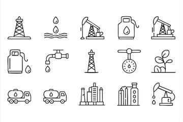 Modern Energy Icons Set with Oil Rig Pump and Refinery in Minimal Style