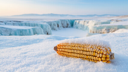 Frozen corn sits on snow near majestic icy cliffs at dawn