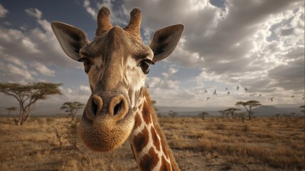 Naklejka premium Giraffe stands majestically in the savannah under a dramatic sky during sunset