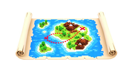 uncharted pixel island a treasure map 3d model for game assets, isolated on transparent background
