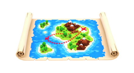 uncharted pixel island a treasure map 3d model for game assets, isolated on transparent background