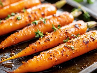 Close-up of roasted carrots drizzled with honey and sprinkled with fresh herbs on a baking sheet