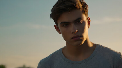 Young male posing outdoors with natural sunlight.
