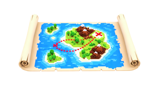 uncharted pixel island a treasure map 3d model for game assets, isolated on transparent background
