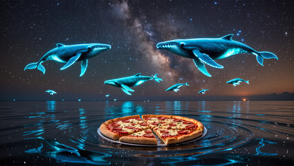 Whales swim through the stars above a floating pizza in cosmic waters