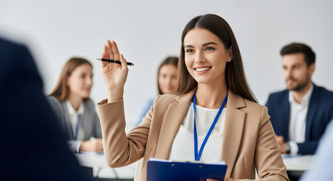 Confident businesswoman participates in a corporate training seminar actively contributing to the discussion raising her hand to ask a question showing engagement and teamwork