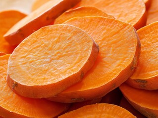 Close-up of sliced sweet potatoes, revealing their bright orange flesh and smooth texture