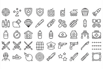 Modern Warfare Icon Set with Grenades Knives Bullets and Explosive Symbols